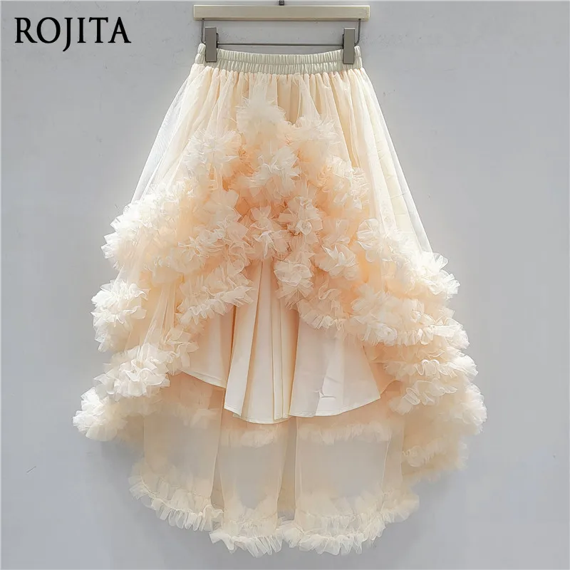 Retro Green Mesh Fluffy Irregular Skirt Women's Summer High-end Temperament Waist Black Skirt Midi Skirt Kawaii Skirts