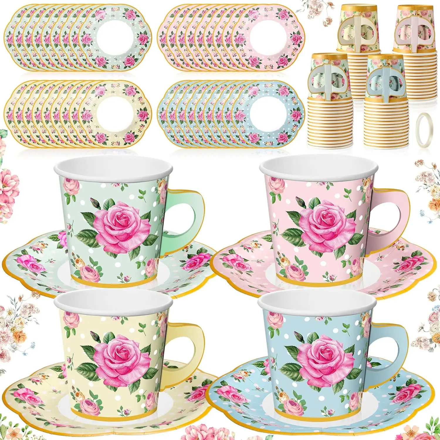 

36 Sets Tea Party Decorations Floral Paper Tea Cups with Handle and Plates Disposable Blossom Teacups Saucers Sets with