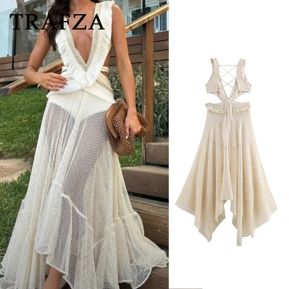 

TRAFZA Chic Irregular Sexy Women’ Dress Cording Hollow Bohemian Holiday Vestido Fashion 2025 Beach Party V Neck Lace Beige Dress
