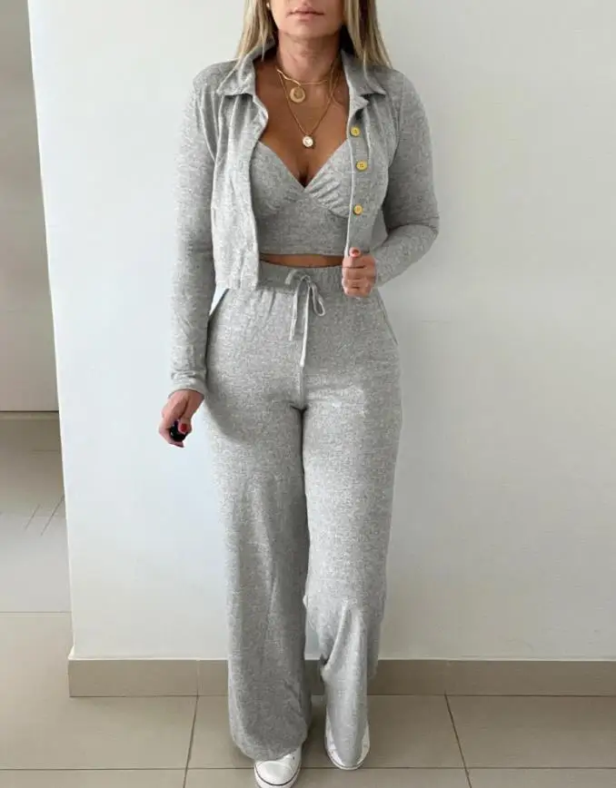 3 Pieces Women Outfits Turn-Down Collar Long Sleeve Metal Button Decor Coat Top & V-Neck Tank and Drawstring Long Pants Set