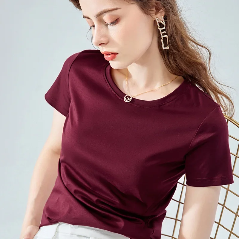 MRMT 2024 Brand New Women's Double Sided Mercerized Cotton Short Sleeve T Shirt Refreshing Breathable Round Neck Solid Color