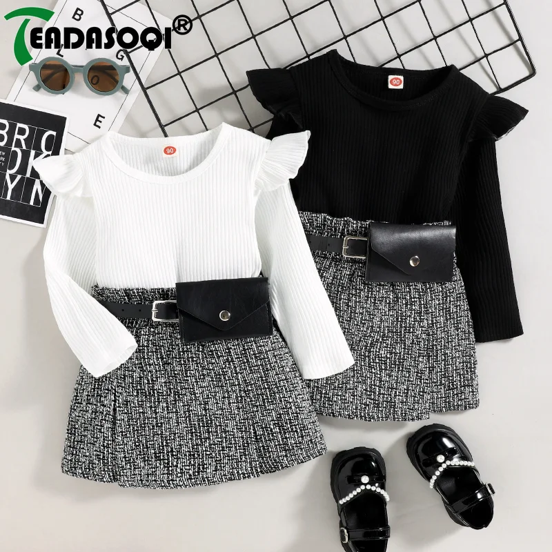 1-5Y Kids Girls Autumn Winter Clothes 3Pcs Set Long Sleeve Fly shoulder Ribbed Tops+Plaid Short Skirts With Belt Bag Child Suit