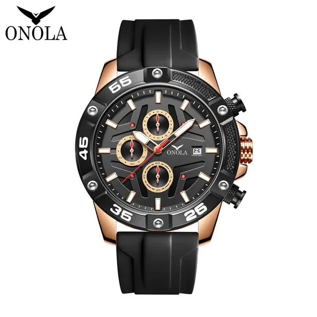 Fashion ONOLA Watch Men Sport Silicone Strap Clock Classic Multifunction Chronograph Waterproof Quartz Man Wristwatch Hot Sale