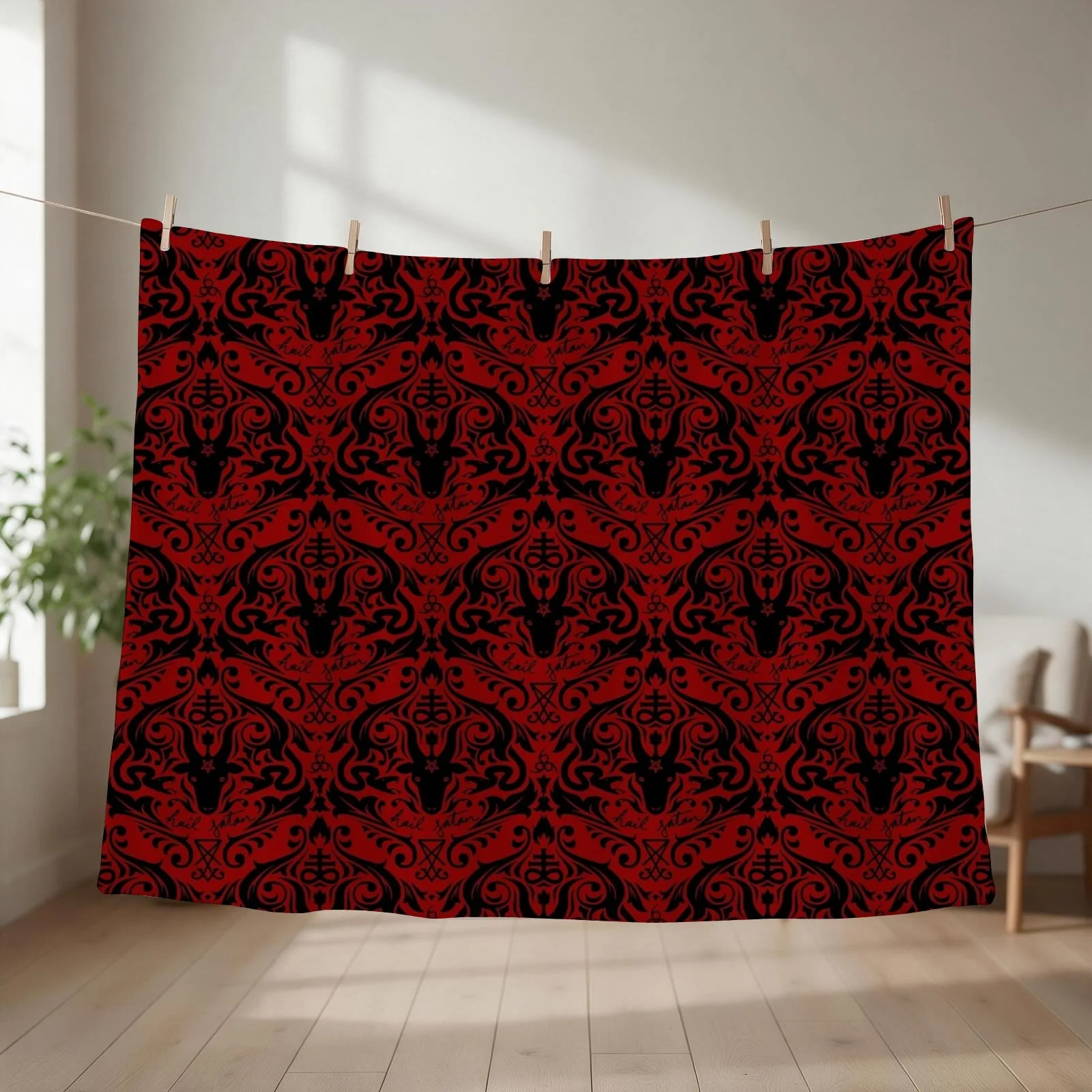 Damask - Hail Satan (Black & Red default) Throw Blanket Flannel Fabric Personalized Gift Shaggy Soft Beds Blankets