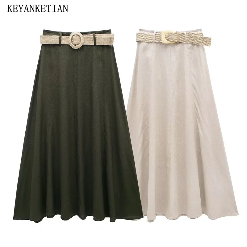 

KEYANKETIAN 2024 New Launch Women With Belt Decoration MIDI Skirt Linen Blend Back Zipper High waist A-line Ankle-length Skirt