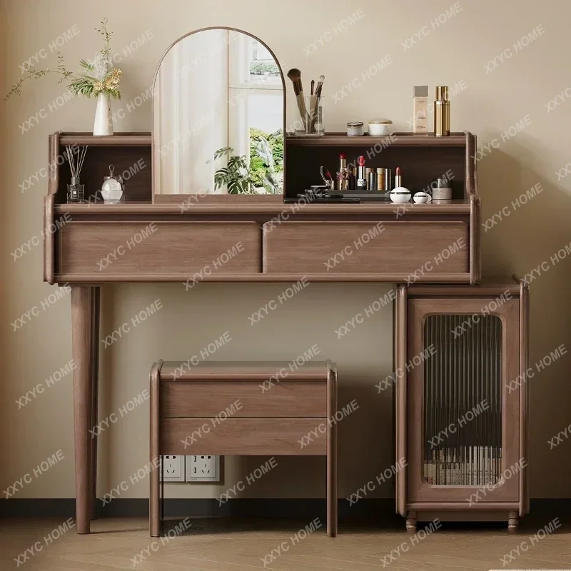 XXX Walnut Solid Wood Makeup Vanities Multi-functional Storage Simple Bedroom Makeup Vanities Modern Mirror Furniture