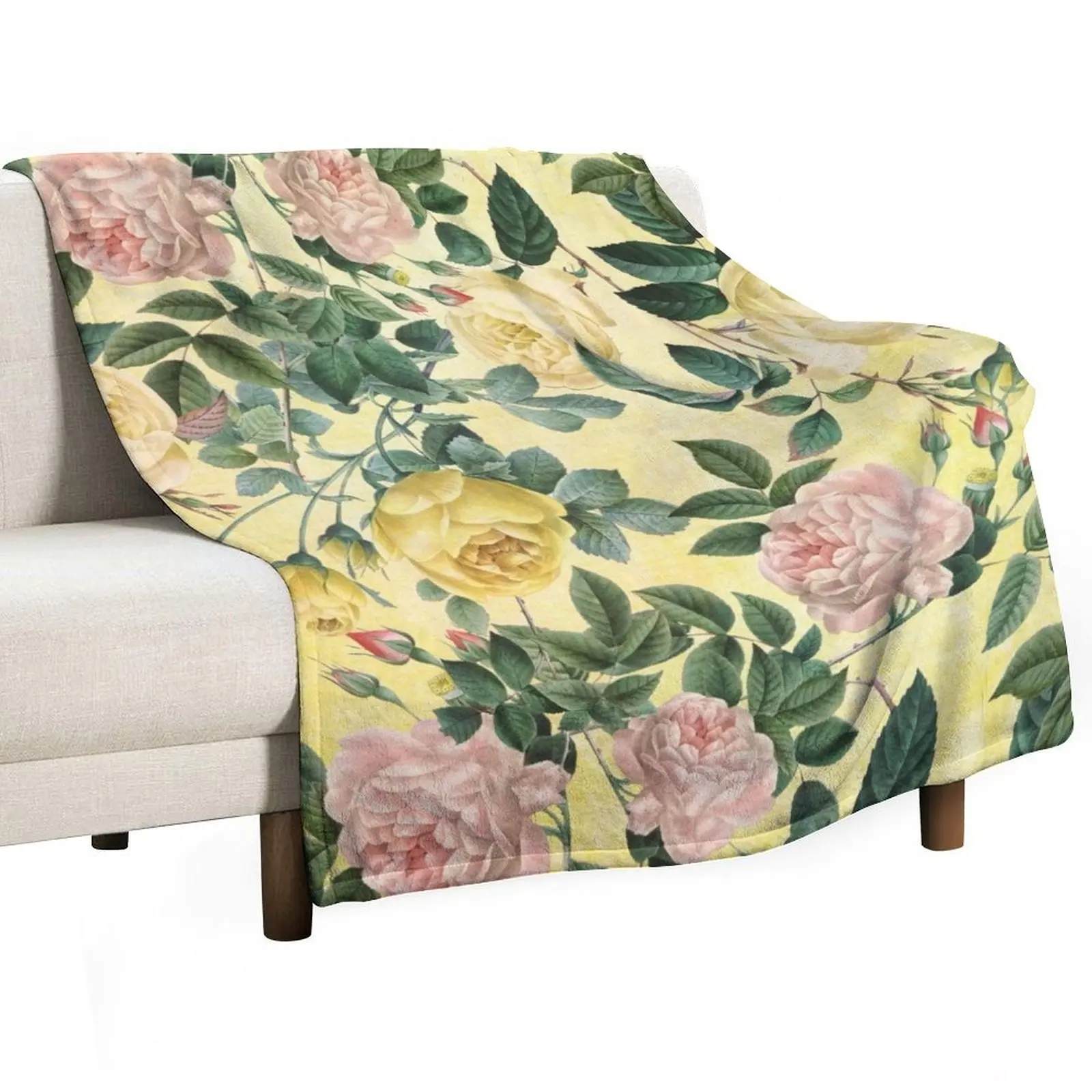 

Redouté Yellow Summer Rose Botanical Garden Throw Blanket blankets and throws Soft Big Bed Soft Plaid Blankets