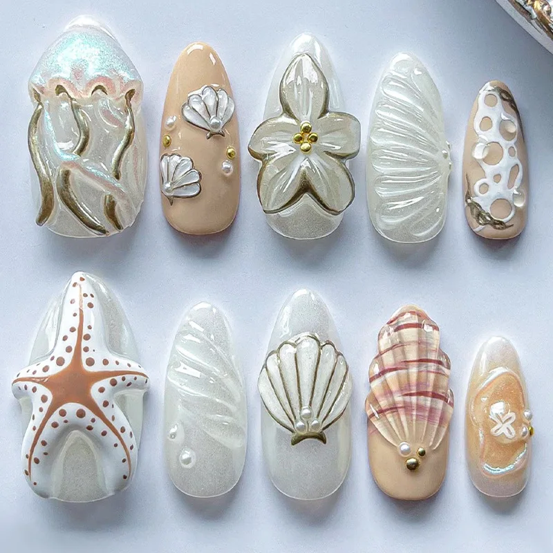 

24pcs Summer Ocean Press on Nails Tips Gilded Star Shell Design Stick on False Nails Sets Wearable Sweet Pearl Almond Fake Nail