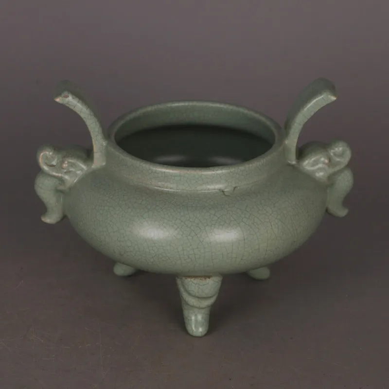 Song Dynasty Ru Ware Celadon Double Ear Dragon Head Porcelain Three Foot Incense Burner Antique Reproduction Home Decor