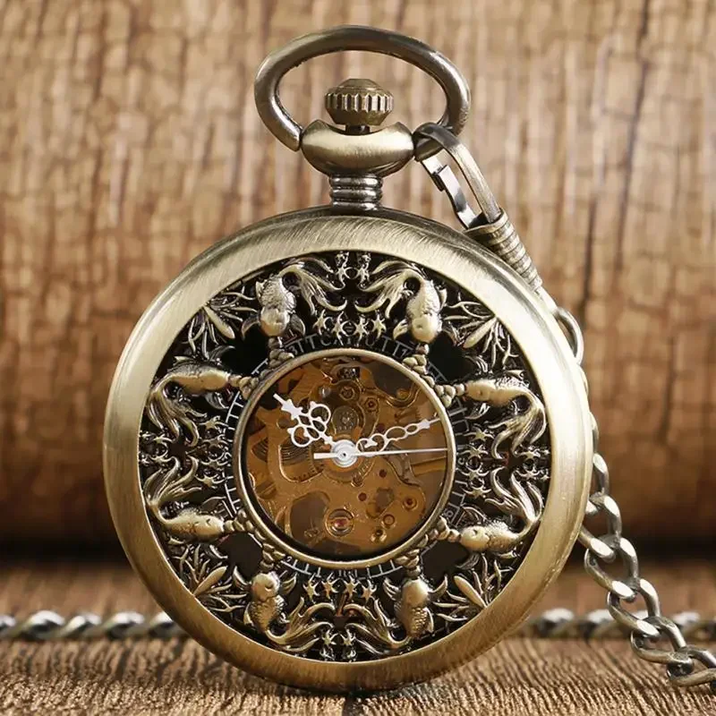 Bronze Hollow Fish Steampunk Hand-winding Mechanical Pocket Watch Pendant Fob Chain Clock for Women Men Gift Reloj De Bolsillo