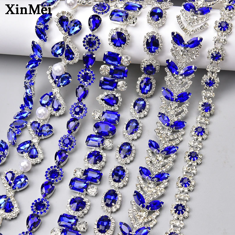 1 Yard Royal Blue Glitter Rhinestone Trim Silver Gold Base Crystal Flower Metal Cup Chain Sew on Bridal Outfit Shoes Accessories