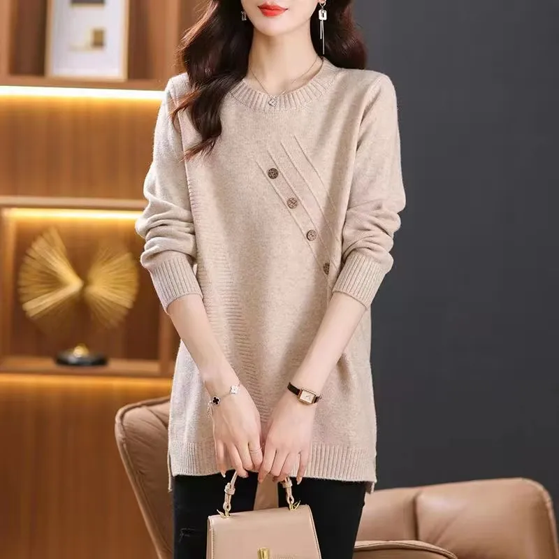 

2024New Women Sweater Pullover Korean Autumn Winter All-Match Mid-Long Loose Fashion Knitwear Ladies Bottoming Shirt Jumper Tops