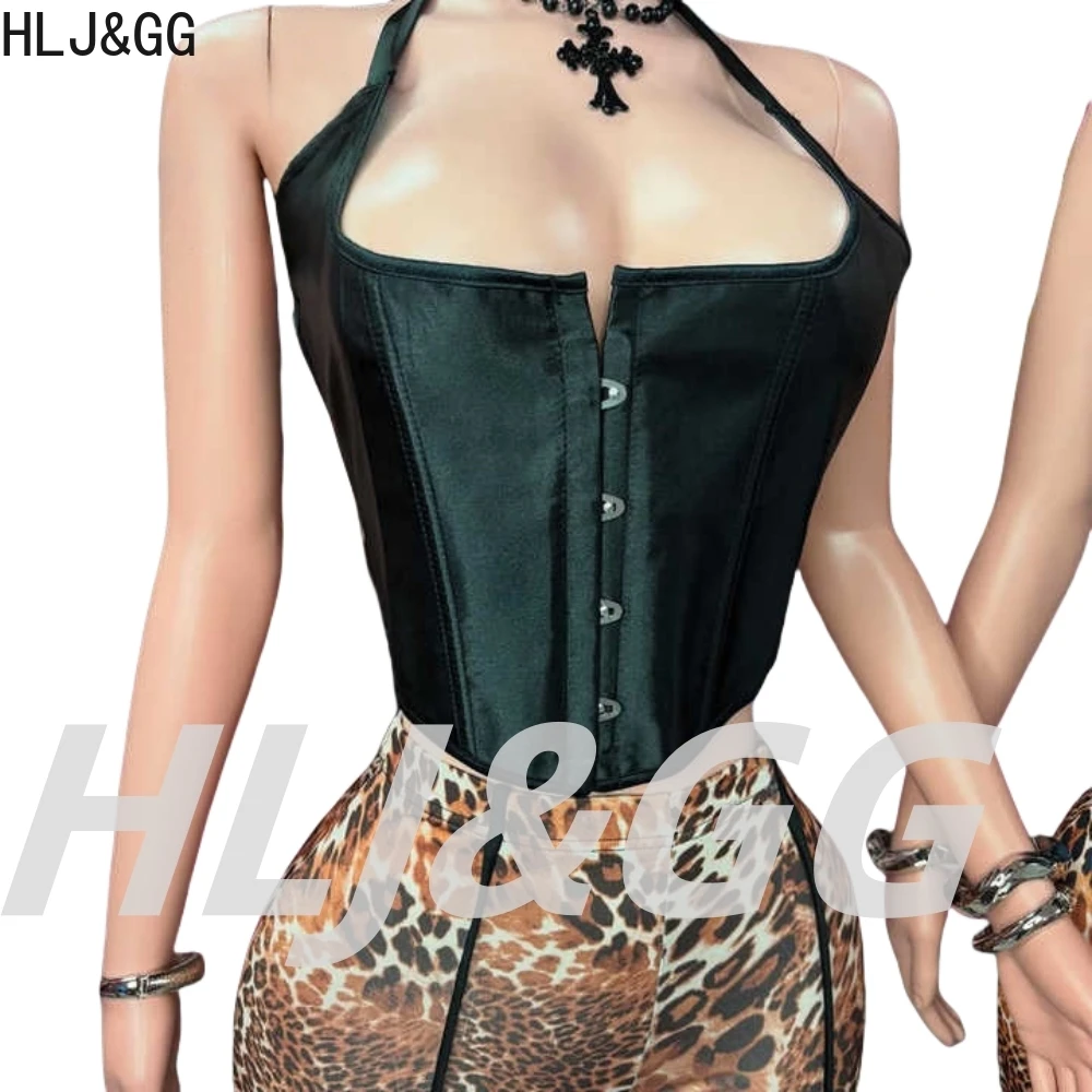HLJ&GG Black Sexy Bandage Corse Two Piece Sets Women Sleeveless Backless Slim Top And Leopard Shorts Outfits Fashion Streetwear