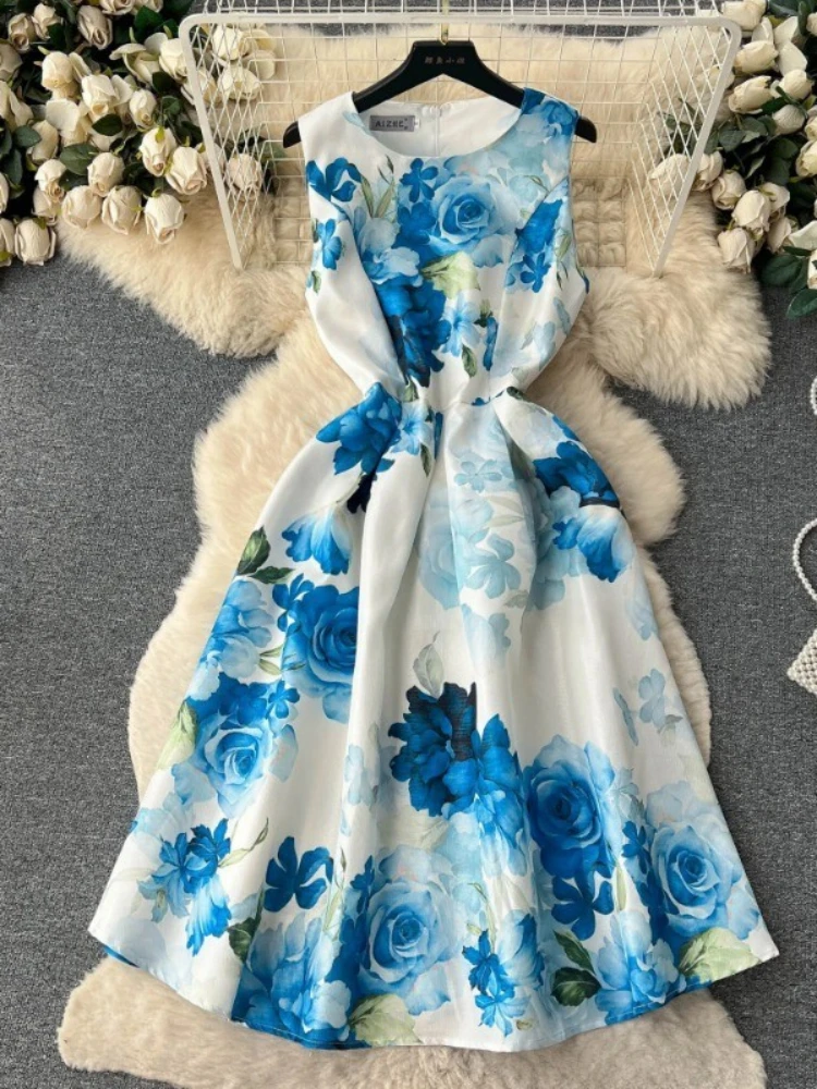 

Women Elegant Party Dress Summer Sleeveless Slim Vintage Round Neck Print Floral Dresses Ladies Pleat Party Long Robe Vestidos