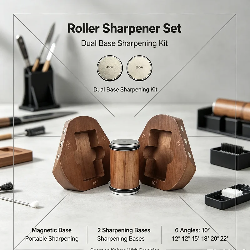 Rolling Knife Sharpener 10/12/15/18/20/22° Wood Base Dual Grit 240# 1000# Diamond Stone Kitchen Precision Grinding Tool