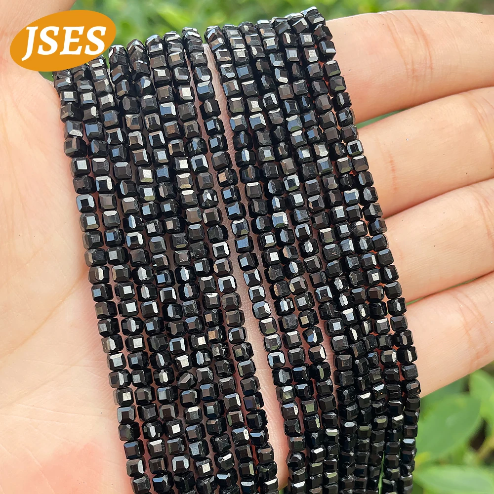 JSES Natural Black Tourmaline Cube Faceted 2/3mm Loose Gemstone Small Seed Beads for Jewelry Making DIY Bracelet Necklace Charms