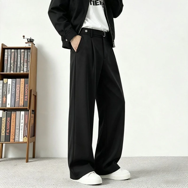 Men's Korean Style Slimming Dress Pants with Belt Loose Straight Fit Casual Trousers Elegant Drape Autumn
