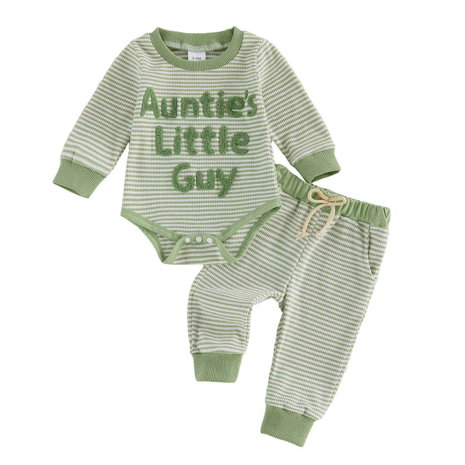 Baby Boy Fall Waffle Outfit Letter Embroidery Striped Long Sleeve Rompers and Elastic Pants Set 2 Piece Clothes