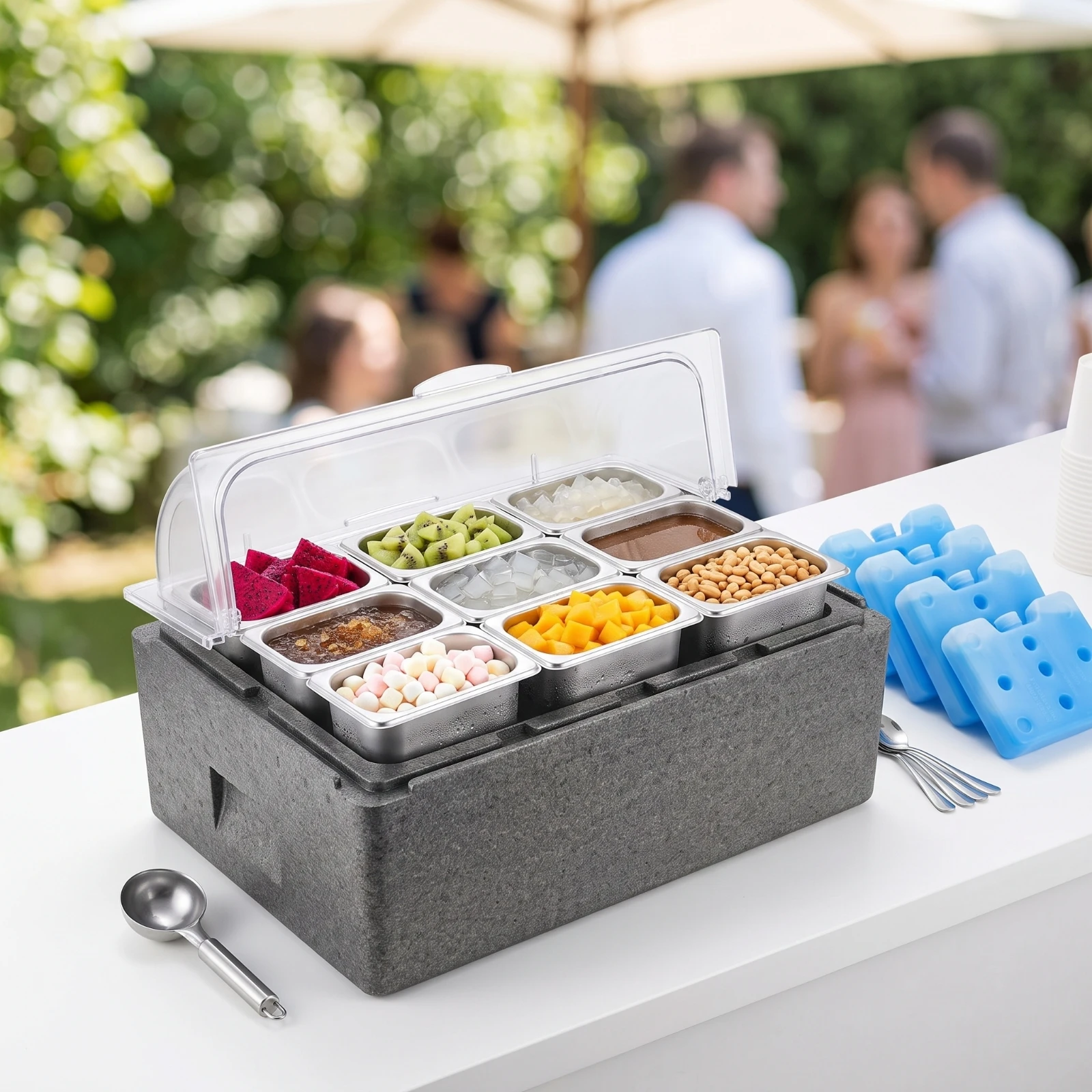 Insulated Food Display Box Heavy-Duty Cooler Box with Trays Container Transparent Tray Removable for Caterers, Catering, Buffets