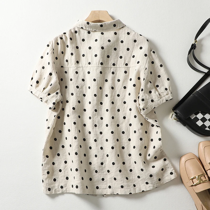 

Retro Cotton Linen ort Sve irt Women Summer Loose Slimming Casual irt Button down Ne Regular Length round Dot