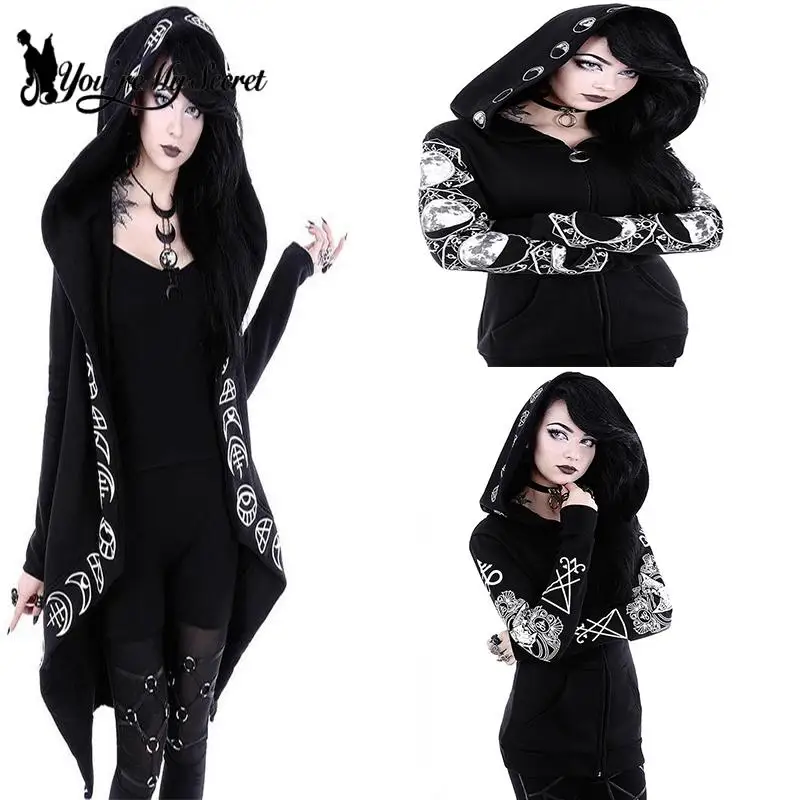 [You\'re My Secret] Gothic Punk style Black Women Hoodies Sweatshirts Autumn Winter Printed Long Sleeve Hoodie Female Coat Hooded