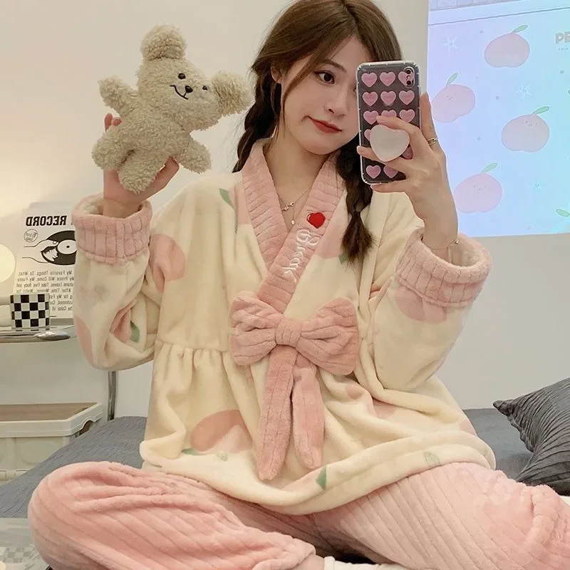 2024 New Fleece Pajamas Women Autumn Winter Korean Version Sleepwear Sweet Cartoon Princess Style Flannel Thickened Homewear Set