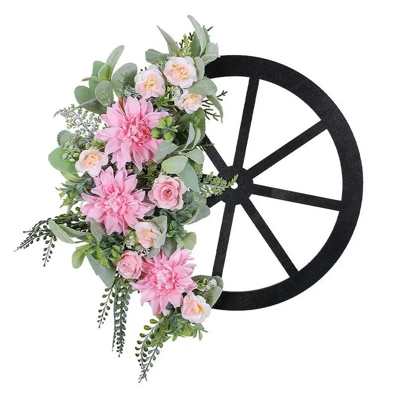 Spring Wreath For Front Door Pink Silk Flowers And Green Leaves Wheel Wreath 17 Inches Artificial Door Wreath With Pink Flowers