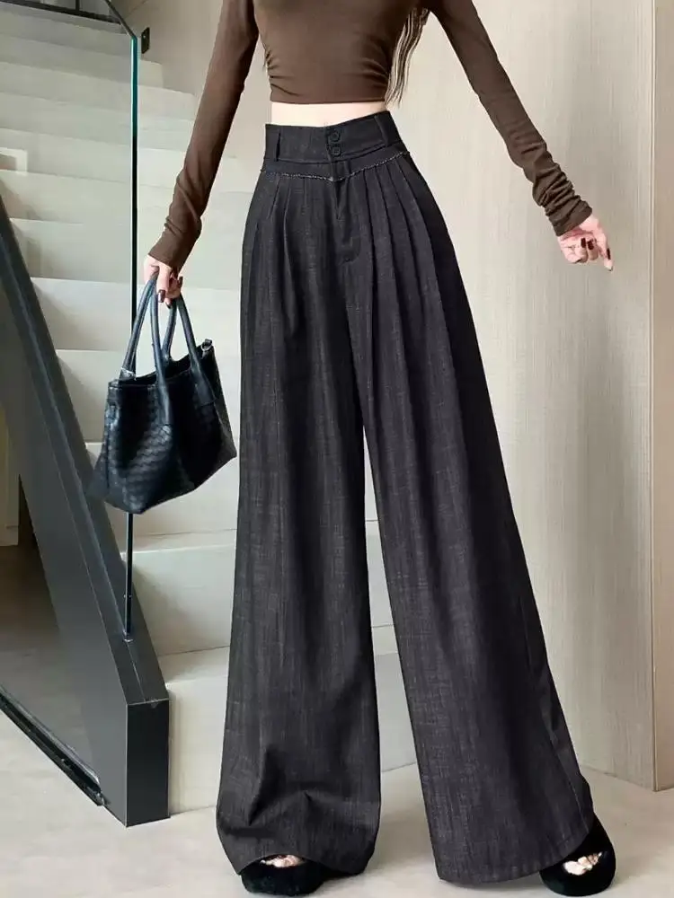 American style retro spicy girl design fringed edge splicing wide leg autumn new high waisted floor length suit pants