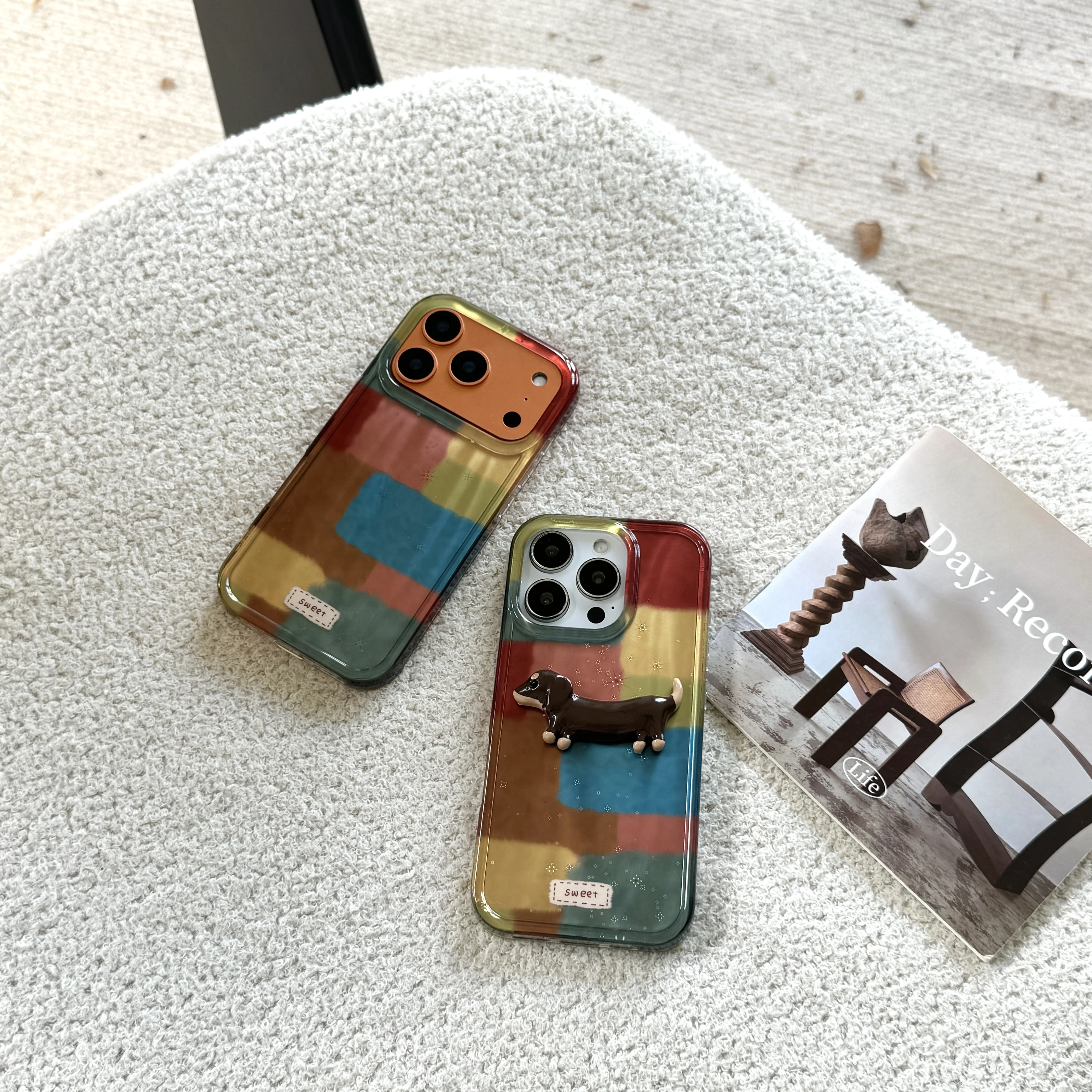 Estética de retazos coloridos con funda de teléfono 3D Kawaii Dachshund para iPhone 17 16 15 14 13 Pro Max funda trasera para teléfono Capa