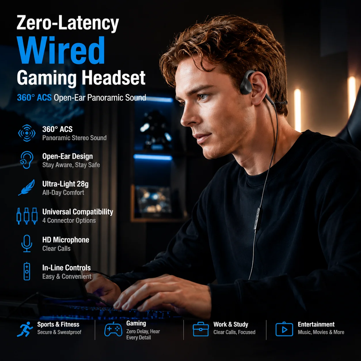 H08 Wired Headphones Over Open Ear With Microphone Chic USB Hifi Headset Gamer Sound Card Gaming Earphone For oppo xiaomi huawei