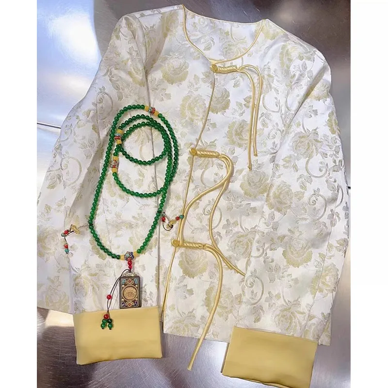 

Ele Yellow Chinese Sle Jaet New Zen Tea Costume Tang Suit Song Brocade round Ne Long Sve Loose Fit Women's Coat