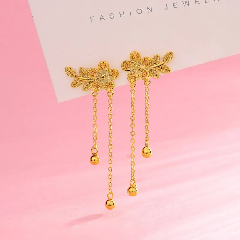 Fashion Korea Cute Peach Blossom Tassel Earrings Women Everyday Accessories Party Leaf Earrings 925 Sterling Silver Jewelry Gift