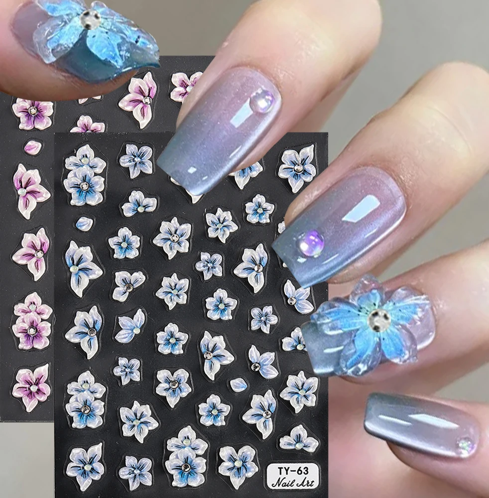 5D Hawaiian Flowers Nail Stickers Gradient Blue Purple Embossed Decal Rhinestones Petal Art Sliders Charms Manicure Decor NLTY63