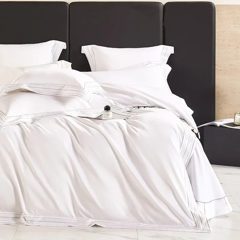 Luxury 1000TC Egyptian Cotton White Embroidery Hotel Duvet Cover Silky Soft Super King Bedding Set Flat/Fitted Sheet Pillowcase