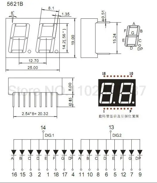 Display LED vermelho para tubo digital de estado estático, ânodo comum de metal plástico, 2 bits, 7 segmentos, 0,56 polegadas, 20PCs