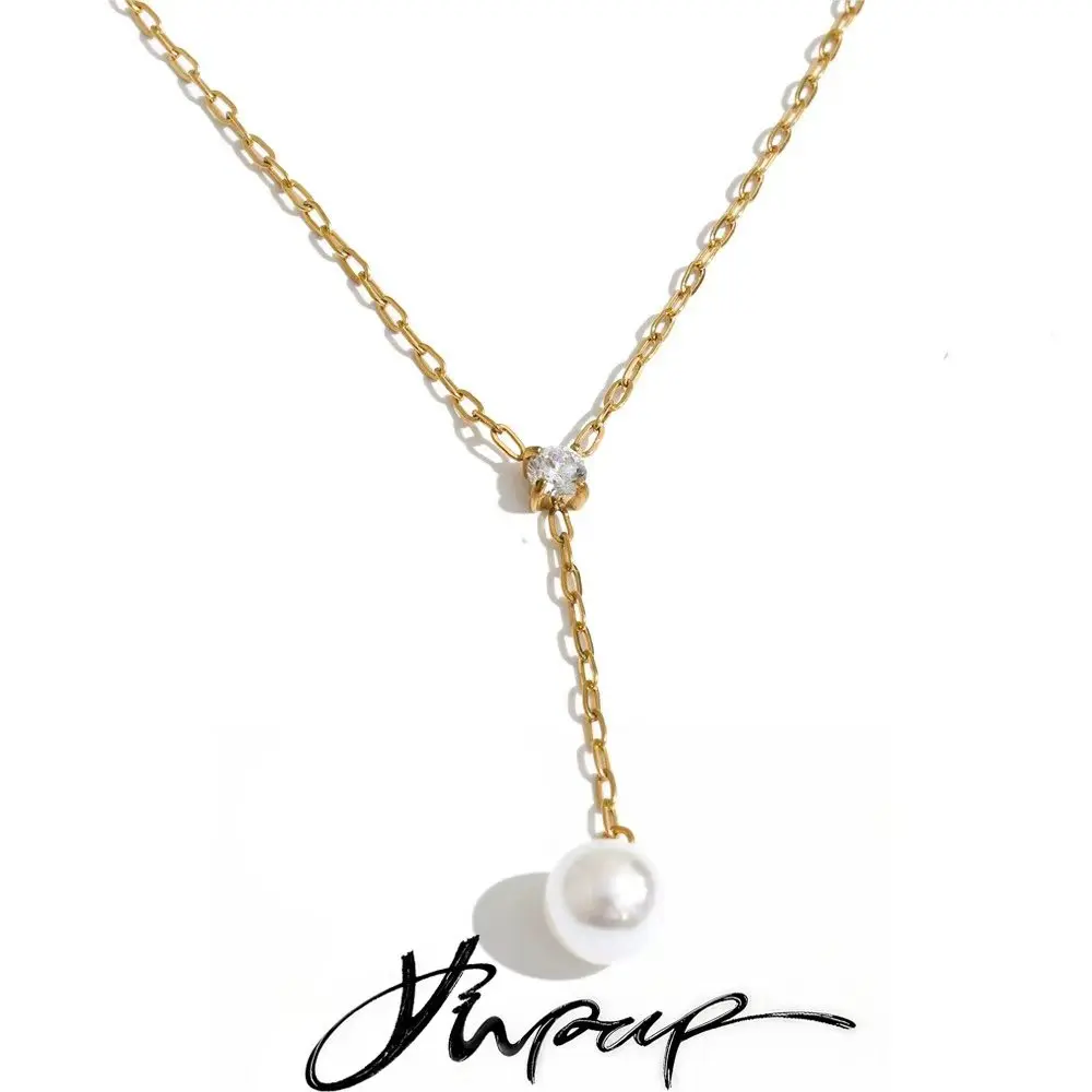 Yhpup Stainless Steel Zirconia Y Chain Simulated Pearls Drop Necklace for Women Arrivals Trendy Chic Jewelry