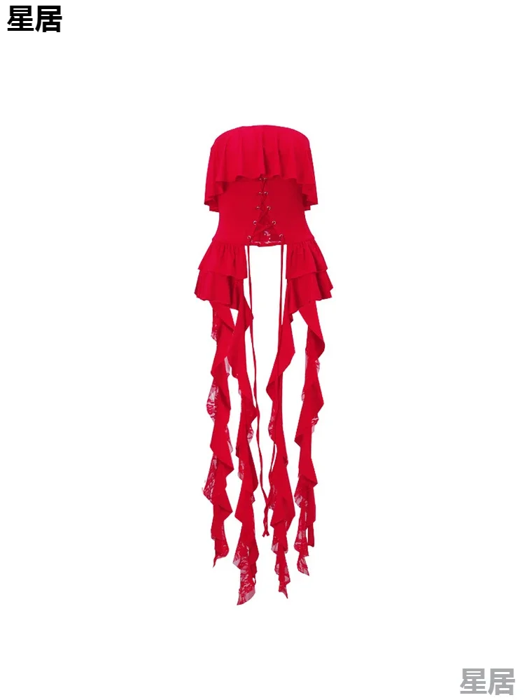 Kobiety kostiumy sceniczne seksowna czerwona marszczona sznurowana nieregularna lamówka topy bez ramiączek klub nocny Dj Rave ubrania piosenkarka odzież jazzowa