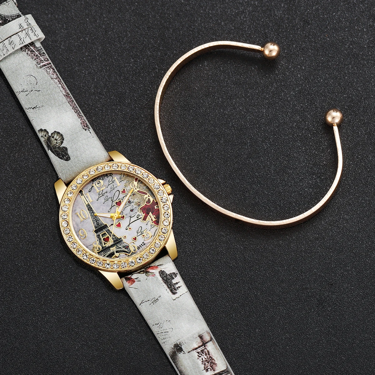 2 قطعة/المجموعة النساء الساعات السيدات حزام من الجلد كوارتز ساعة موضة حجر الراين سوار مجموعة Reloj Mujer (بدون صندوق)