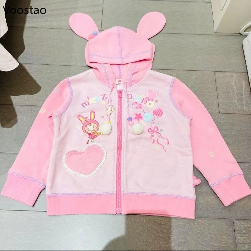 Japanese Sweet Lolita Style Zipper Hoodies Women Kawaii Cartoon Embroidery Bunny Hooded Sweatshirt Autumn Winter Warm Coat Tops