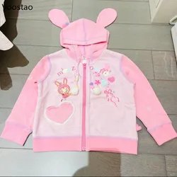 Japanese Sweet Lolita Style Zipper Hoodies Women Kawaii Cartoon Embroidery Bunny Hooded Sweatshirt Autumn Winter Warm Coat Tops