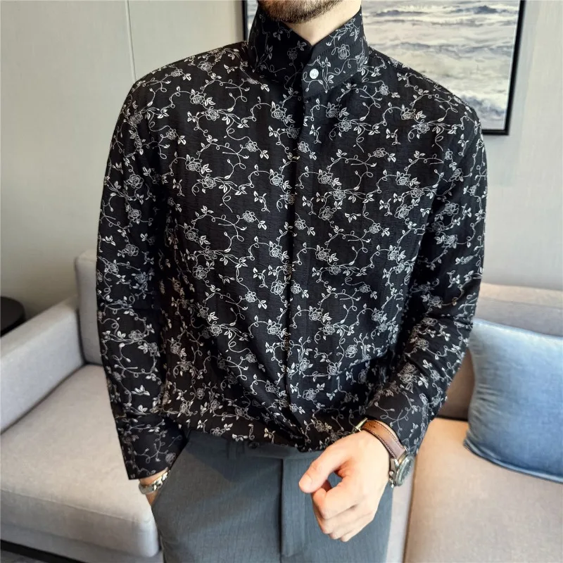 

Мужская рубашка с высоким воротником и принтом, осенняя рубашка с длинными рукавами, китайская рубашка с воротником-стойкой, однотонная повседневная облегающая модная мужская одежда