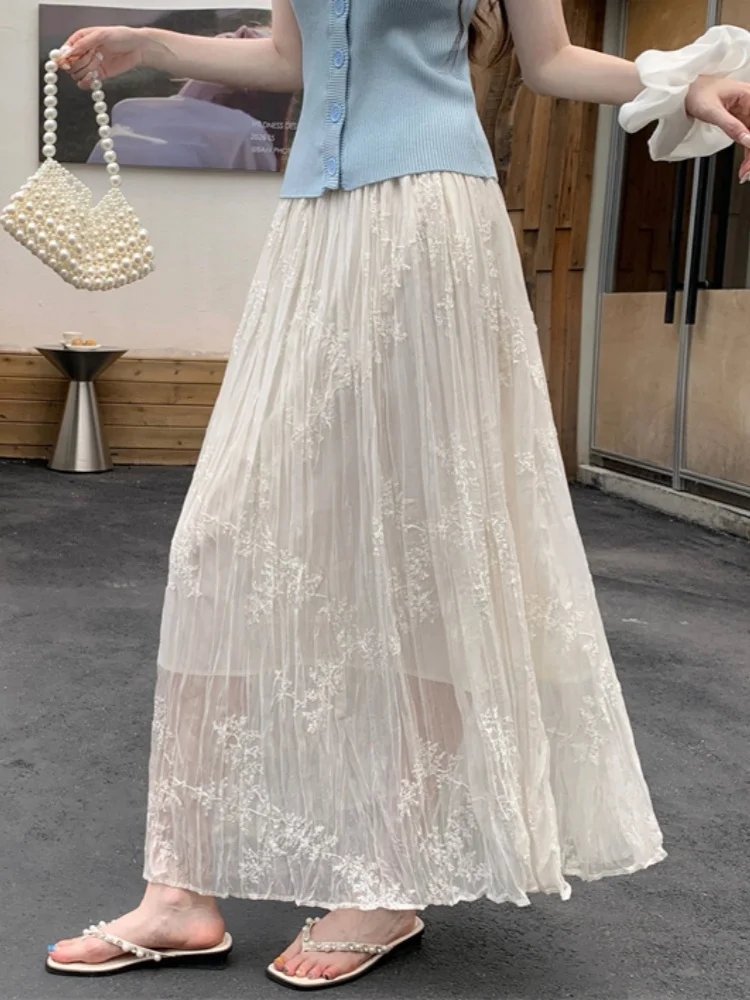 

Французская романтическая шелковая юбка средней длины с вышивкой для женщин, новая летняя универсальная модель, облегающая кружевная юбка А-силуэта, длинная юбка