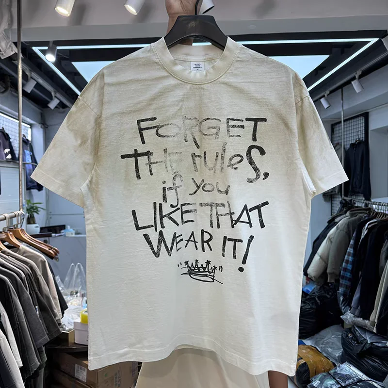 

Waste soil style dirty gradient minimalist letter printing T Shirt Men Women Oversized T-shirt Top Tees