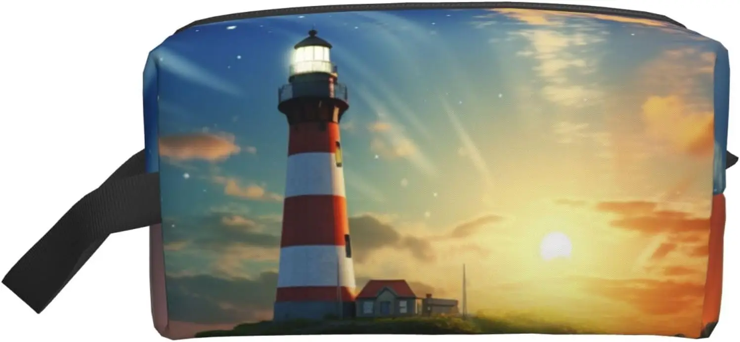 

Travel Toiletry Bag for Women Men Leather Makeup Bag Large Portable Travel Organizer Lighthouse Cosmetic Bag
