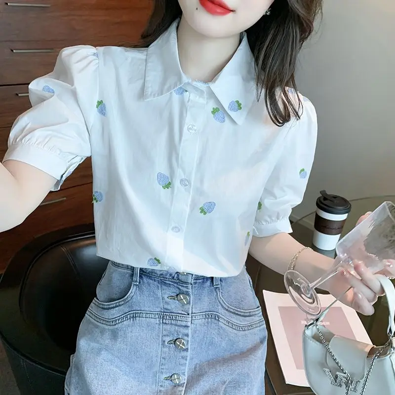 2024 Summer New Preppy Style Fashion Polo Neck Short Sleeve Chiffon Blouses Tops Printed Single-breasted Loose All-match Shirts