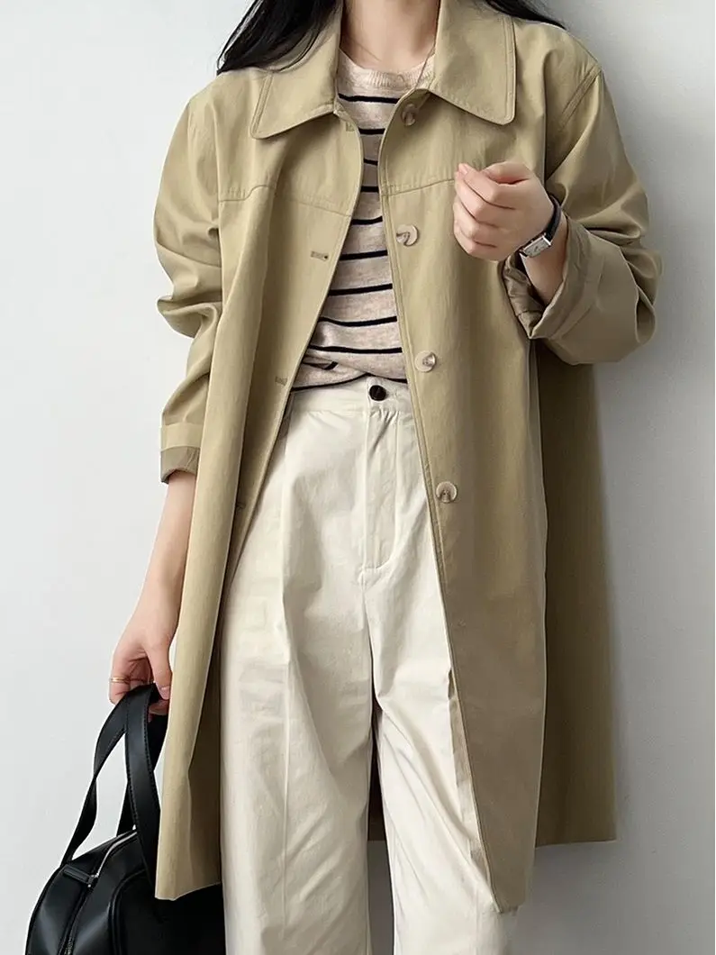 Versatile Lapel Trench Coat For Women\'s Spring And Autumn 2024 New Vintage Mid Length Casual Loose Fitting Work Top