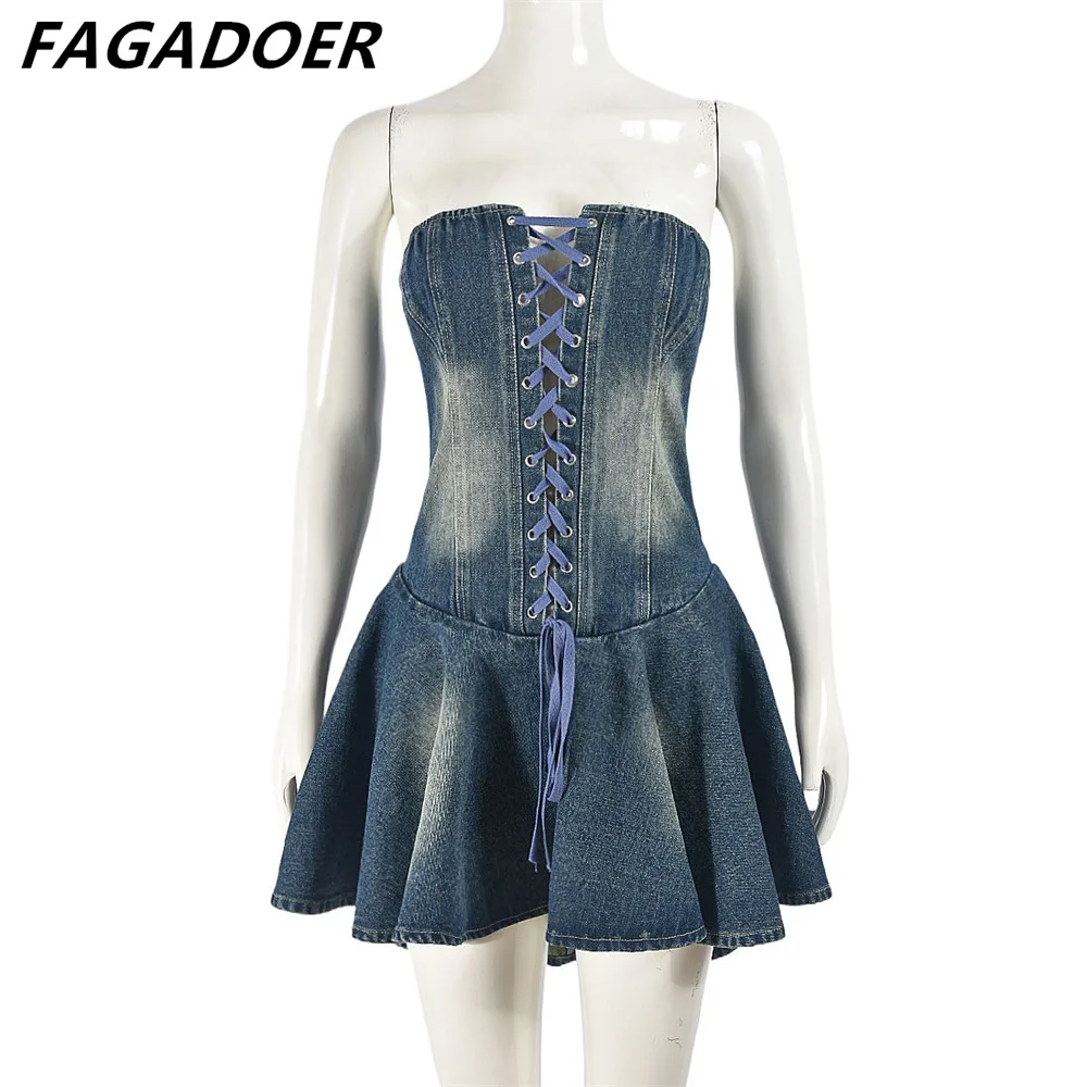 FAGADOER Blue Retro Fashion Y2K Lace Up Hollow Tube Denim Dress Women Sleeveless Backless Ruffle Mini Dress Fashion Streetwear