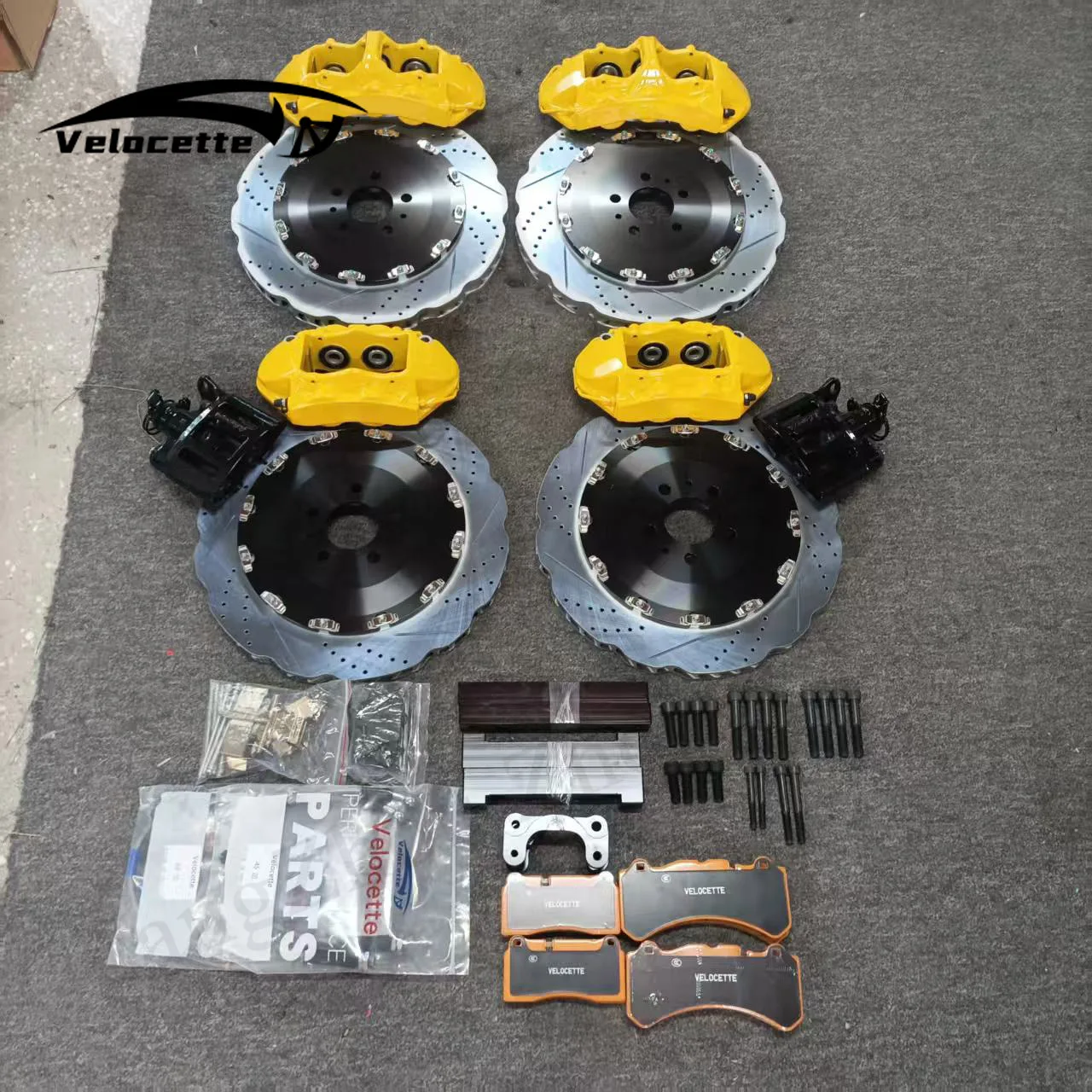 Perforated Brake Discs Yellow Accents Any logo GT6 GT4 Front Rear Caliper Kit for Ferrari VW MK7CC  E46 F30 E92 Supra A91