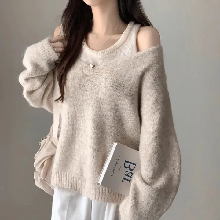 Chic Autumn Winter Shoulder Bared Knitted Sweater Women's Outerwear U Neck Base Layer Knitted Camisole Two Piece Set
