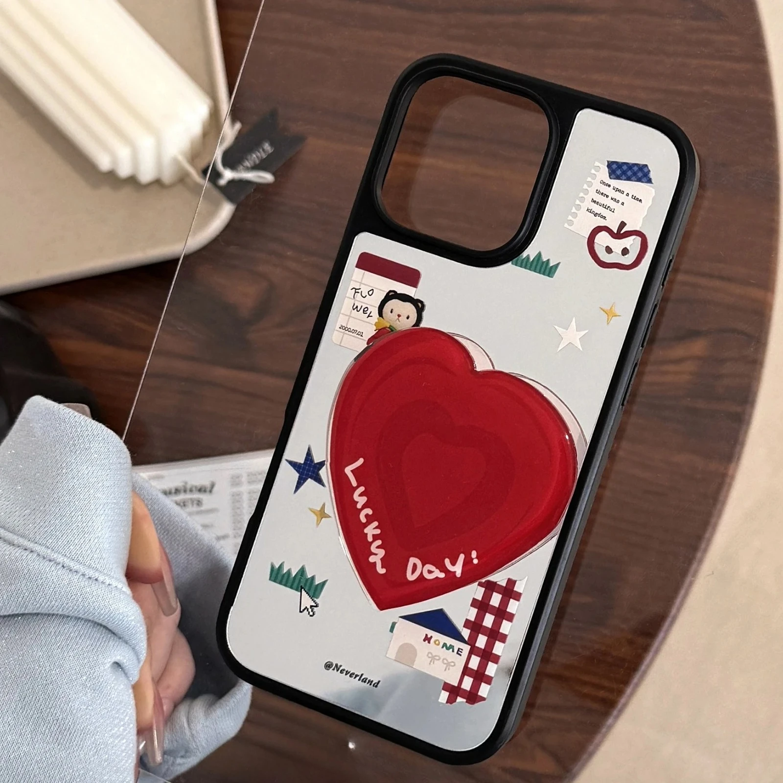 

INS Style Korean Cartoon Mirror Mobile Phone Case for iPhone 16 Pro Max 15 14 Plus 13 12 11 XR Cover with Heart Shape Stand